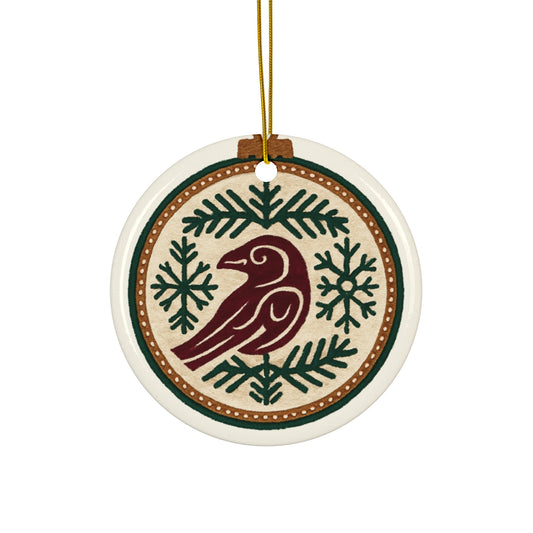 Nordic Raven Ceramic Ornament — Round Holiday Tree Decoration