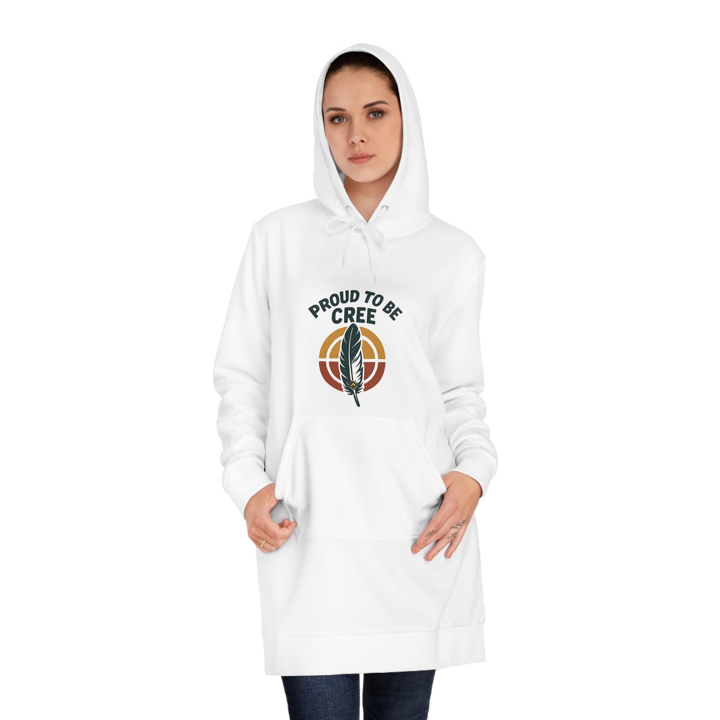 Proud to Be Cree Women's Hoodie Dress, Indigenous Pride Apparel, Cozy Casual Wear, Perfect for Celebrations and Gifts